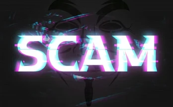 The word "SCAM" illuminated in neon, set against a shadowy background, representing a PayPal email scam alert.