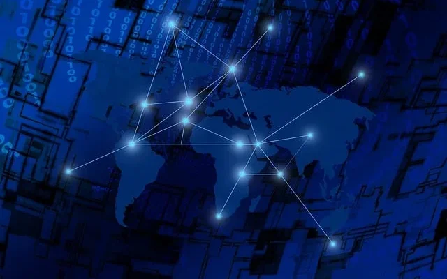 Global map showing interconnected regions via the internet, representing data-centric networking.