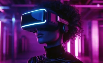 A woman with a virtual reality headset in a dimly lit room, experiencing a PCVR simulation.