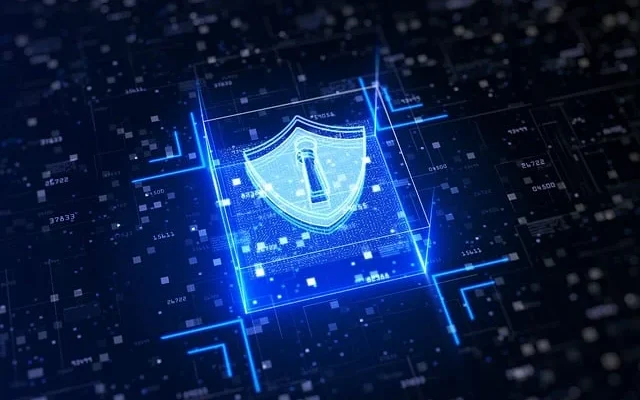 Digital shield symbolizing security on a dark background, representing the concept of protection in the Xfi Complete service.