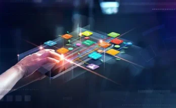 A hand interacts with a touchscreen device displaying colorful digital Apps Like Dave , representing technology and connectivity in a futuristic interface.