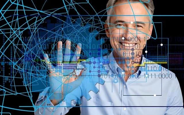 A man raises his hand, interacting with a digital interface filled with icons and information, indicating a rapelusr environment.