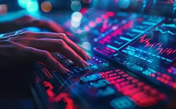A person typing on a computer with colorful lights in the background, representing gomyfinance.com.