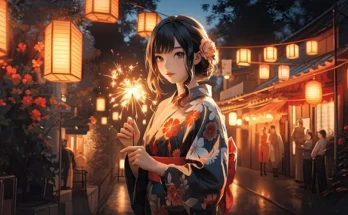 A young girl animeidhen in a traditional kimono holds a sparkler, creating a festive atmosphere around her.
