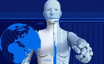 A robot indicates a computer screen with a world map, representing global data visualization. Source: 5StarsStocks.com