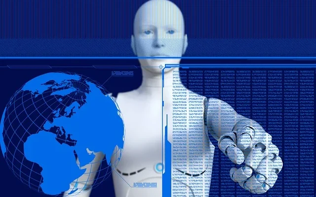 A robot indicates a computer screen with a world map, representing global data visualization. Source: 5StarsStocks.com