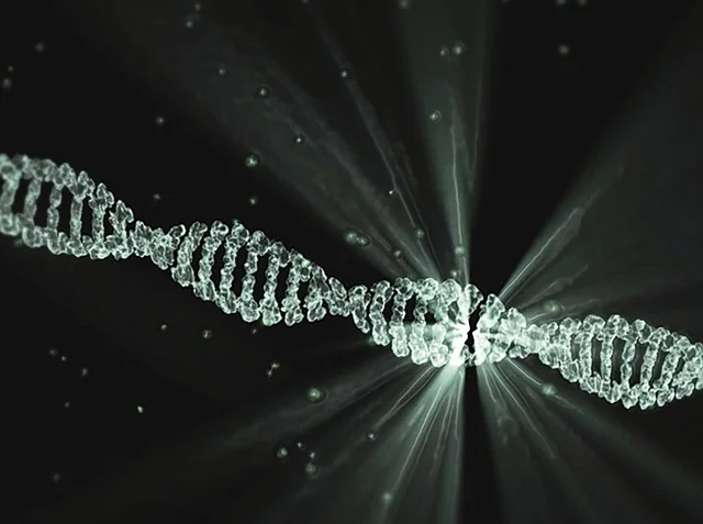 Illustration comparing DNA vs RNA structures, showing double helix DNA and single-stranded RNA.